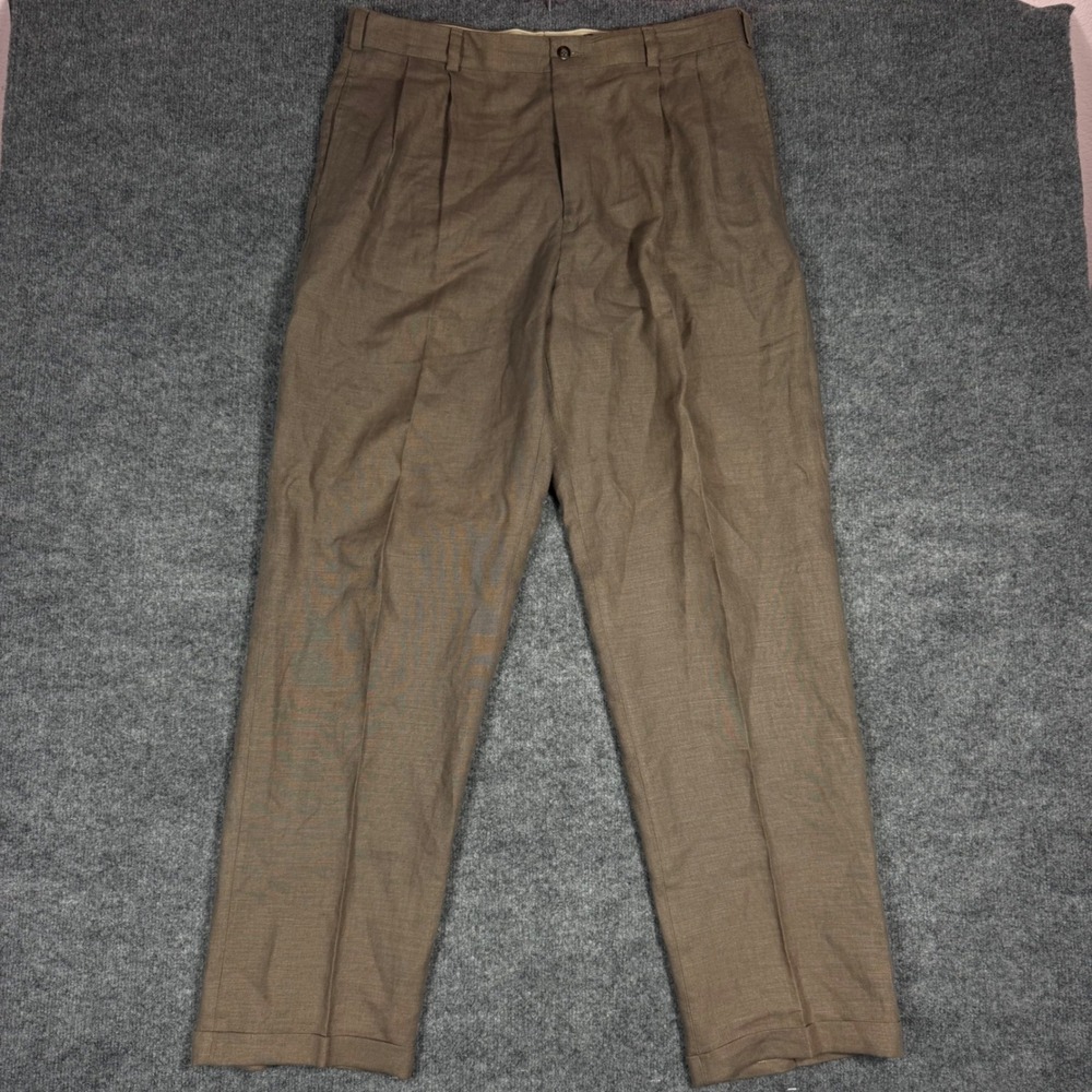 Eddie Bauer Men 100% Belgian Linen Pleated Cuffed Dress Pants 36x33 Brown EUC